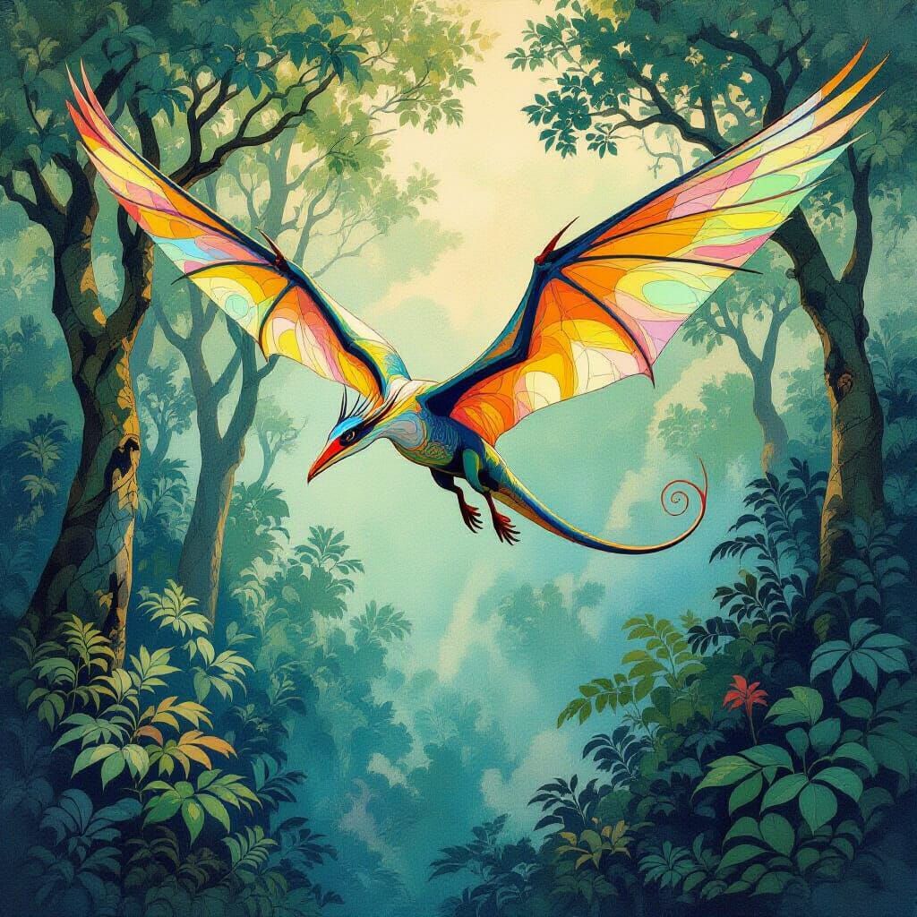 Pterosaur Soaring Over Jurassic Forest: Art Nouveau Style