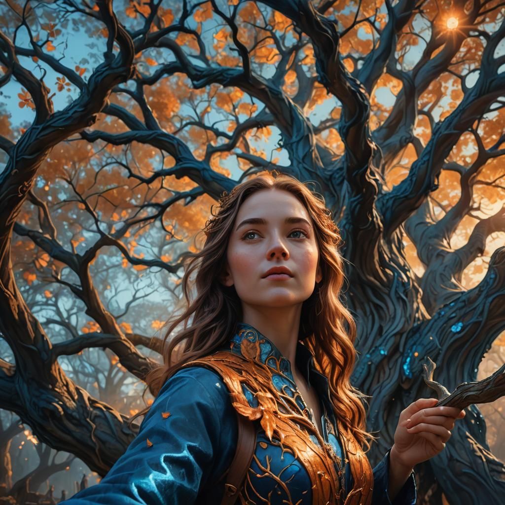 Ethereal Selfie: Fantasy Art of Woman and Glowing Tree
