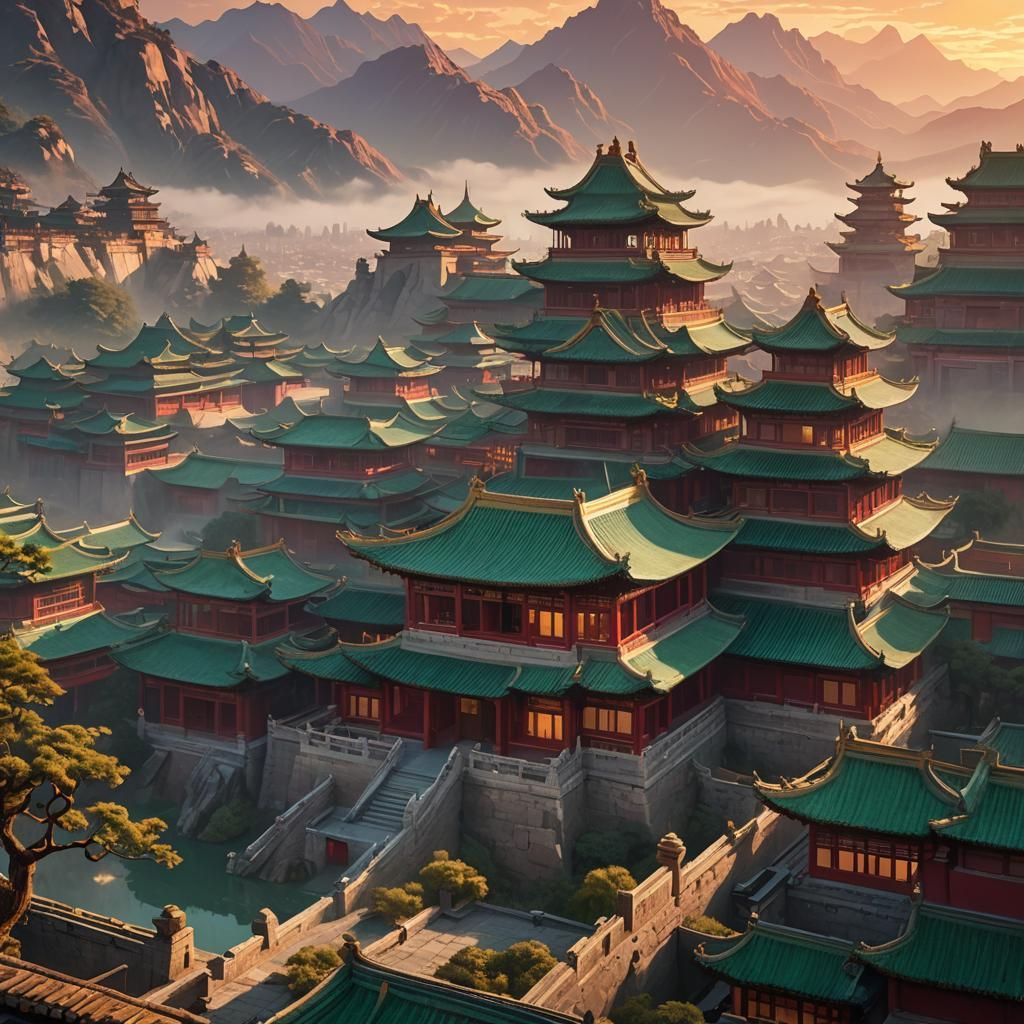 Majestic Chinese Palace at Sunset: Matte Painting