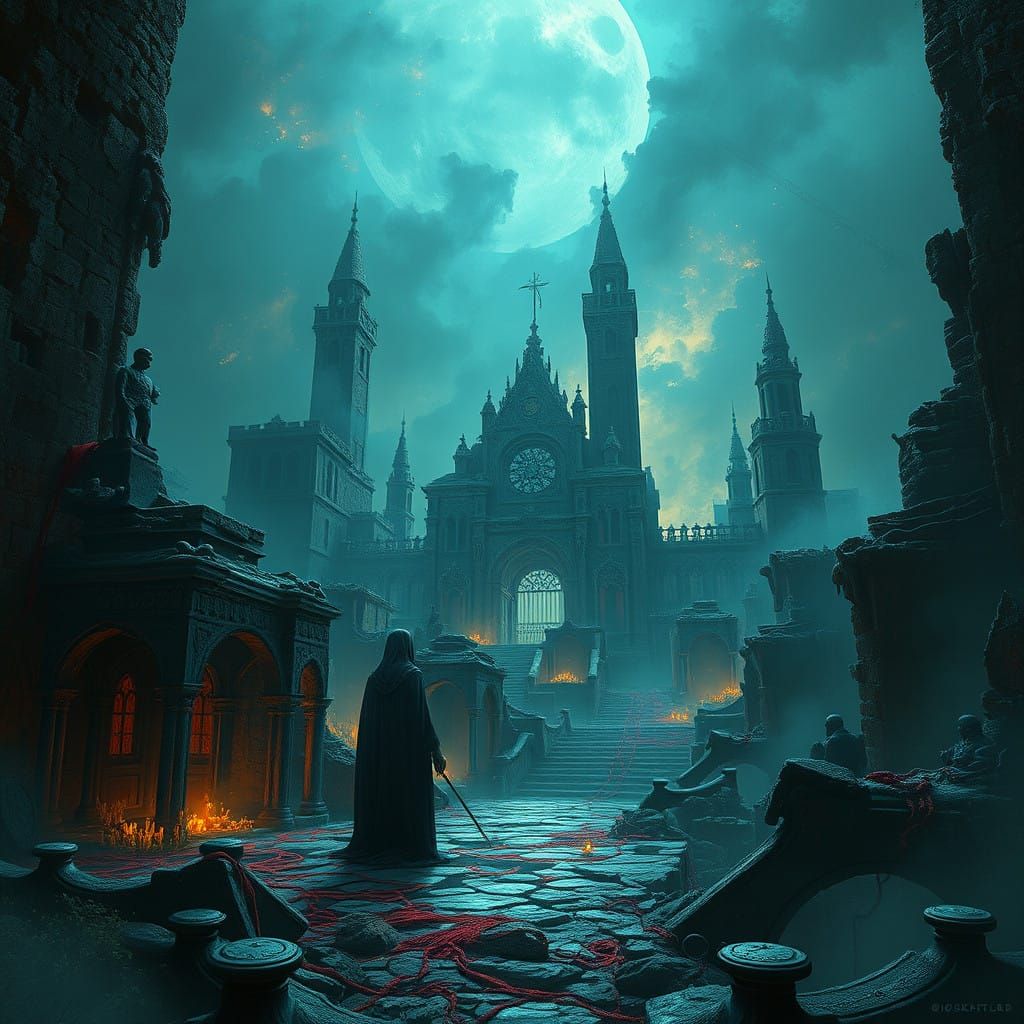 Ethereal Vampires Amidst Ancient Ruins in a Dark Fantasy Wor...