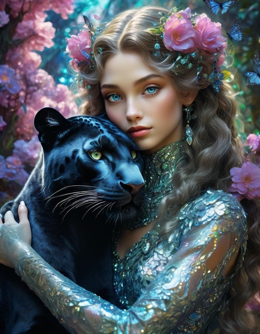 Dryad and Panther Cub in Mystic Garden