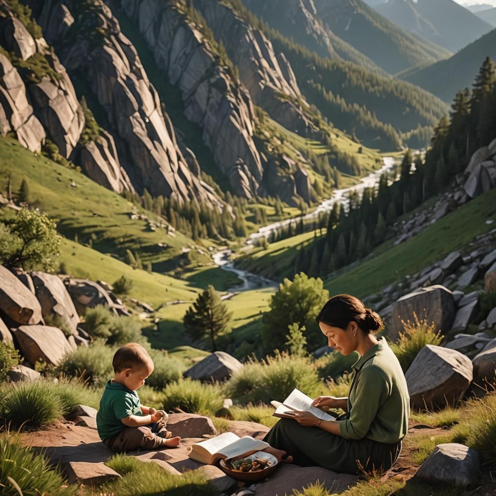 Baby Reading Book in Mountain Landscape
