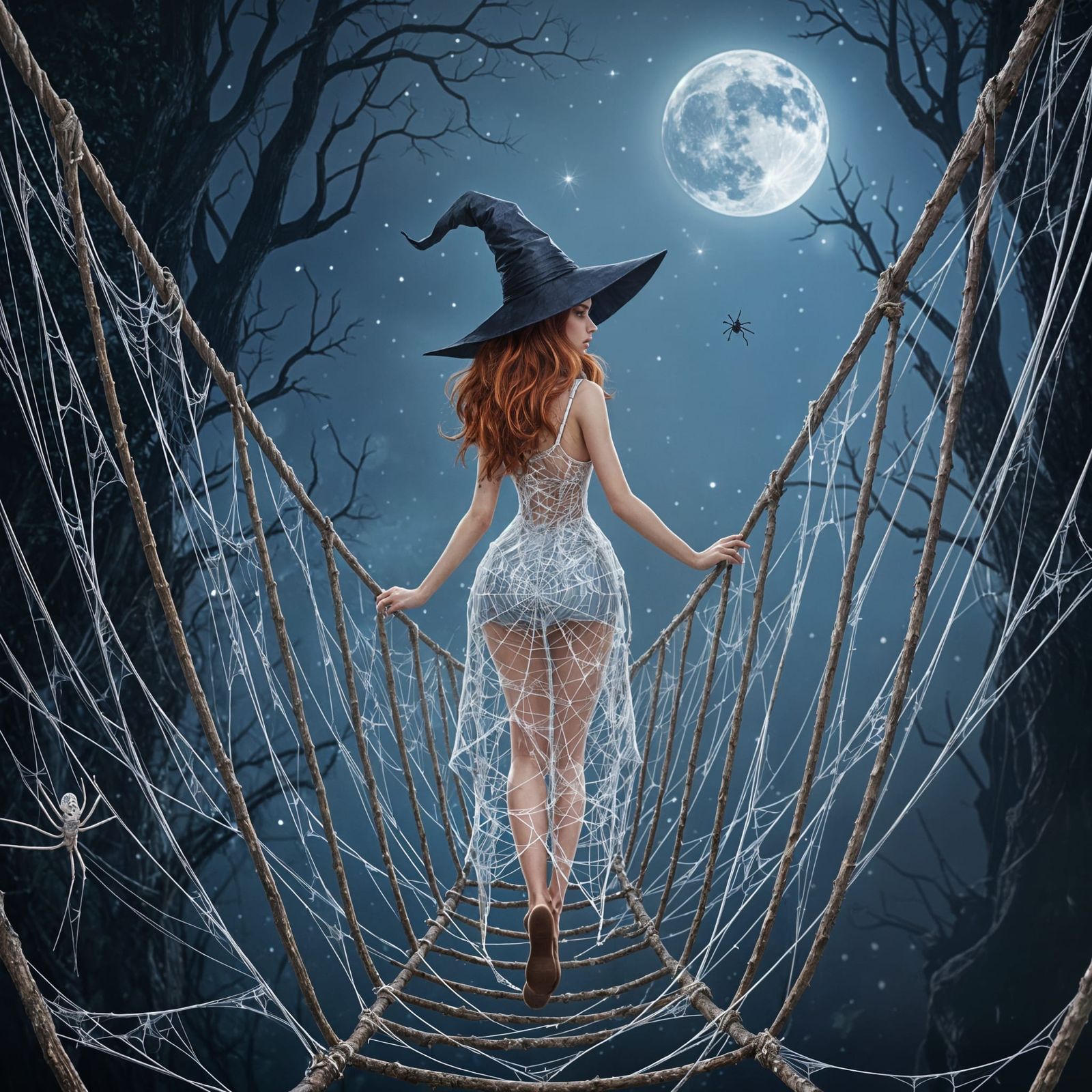 Pretty Witch Walks Spiderweb Bridge in Moonlight