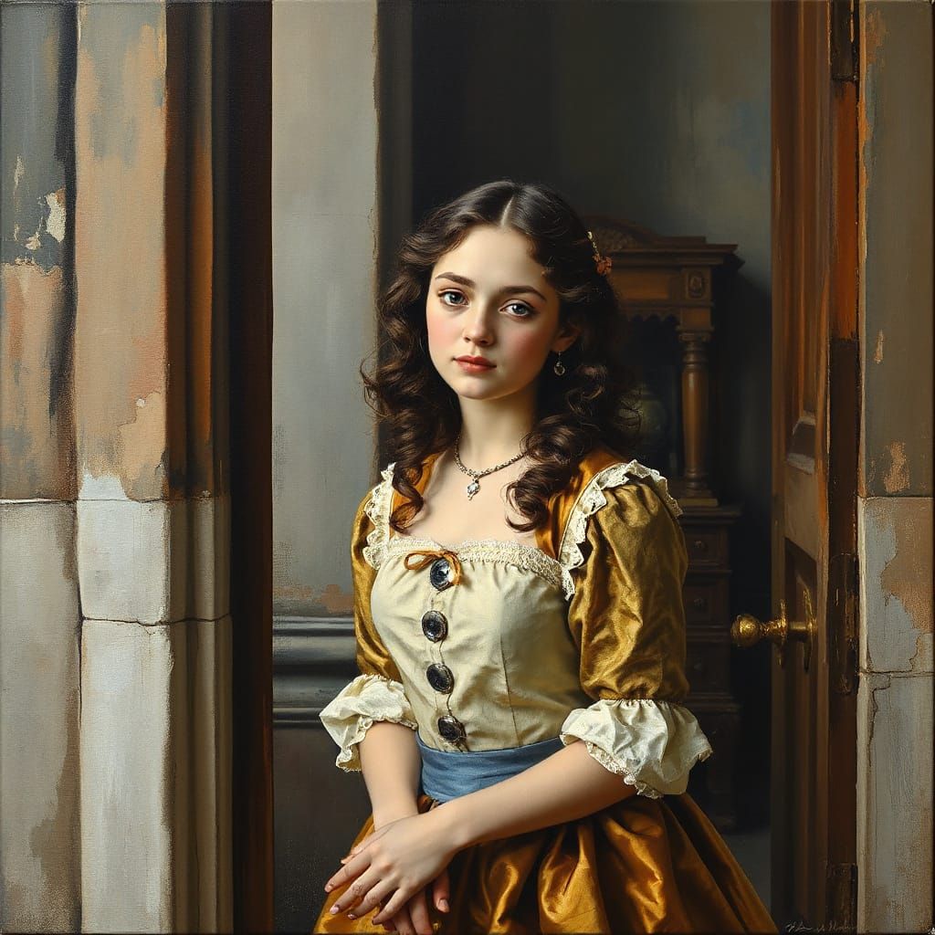 Bashful Maiden Awaits Future Husband in 18th Century Oil Pai...