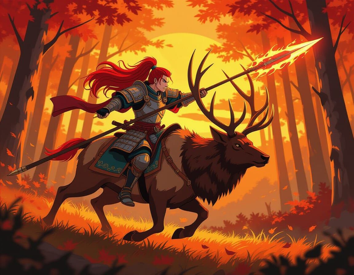 Fiery Warrior Rides Red Elk into Autumn Battle