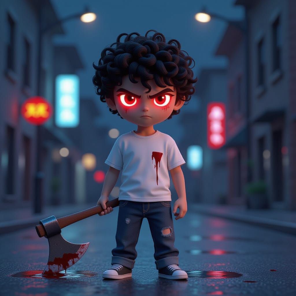 Boy with Neon Eyes Holding Axe in Cinematic 3D