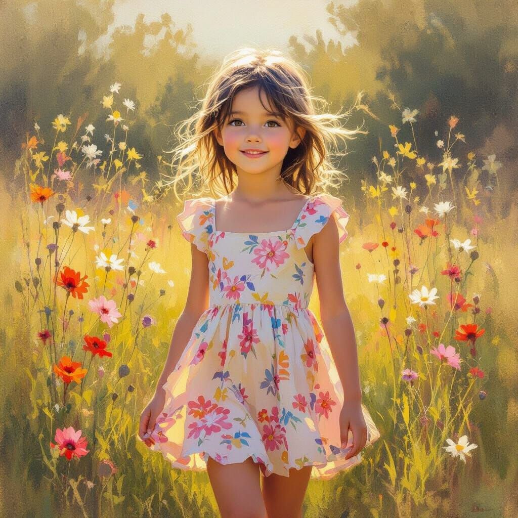 Impressionistic Oil Painting Of A Joyful Girl In A Meadow
