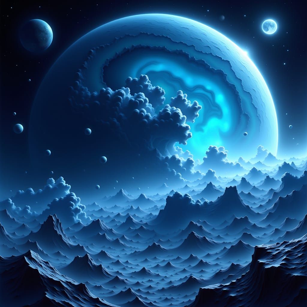 Icy Blue Neptune with Moons, in Celestial Realism Style