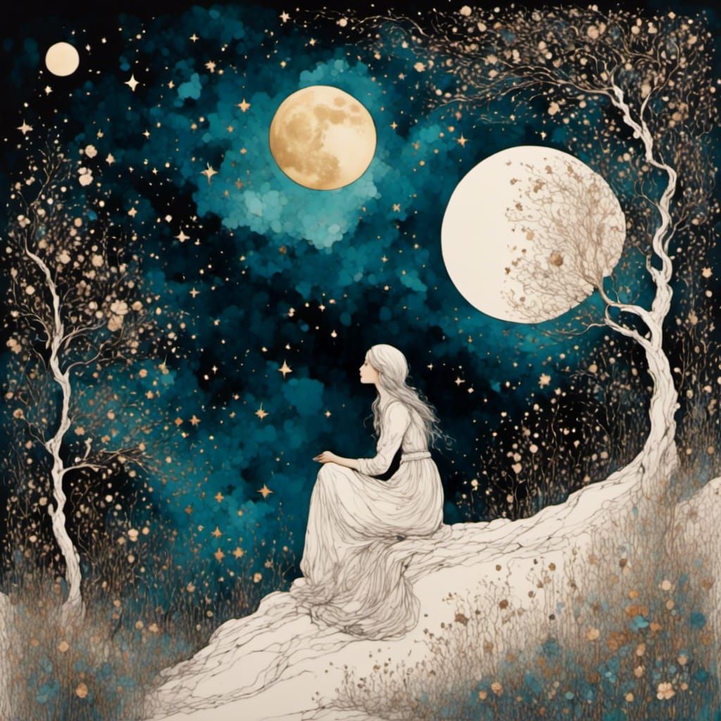 Woman Contemplating Moon in Palekh Style