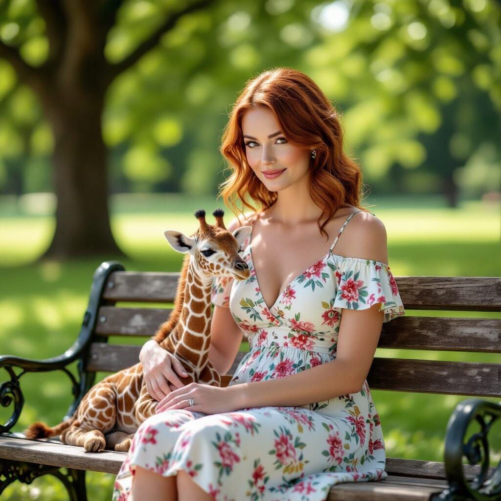 Kind Woman Pets Miniature Giraffe on Park Bench