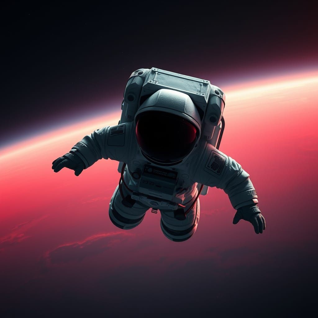 Un astronaute solitaire flottant dans l’espace, son casque noir réfléchissant le vide cosmique. De son scaphandre émerge...