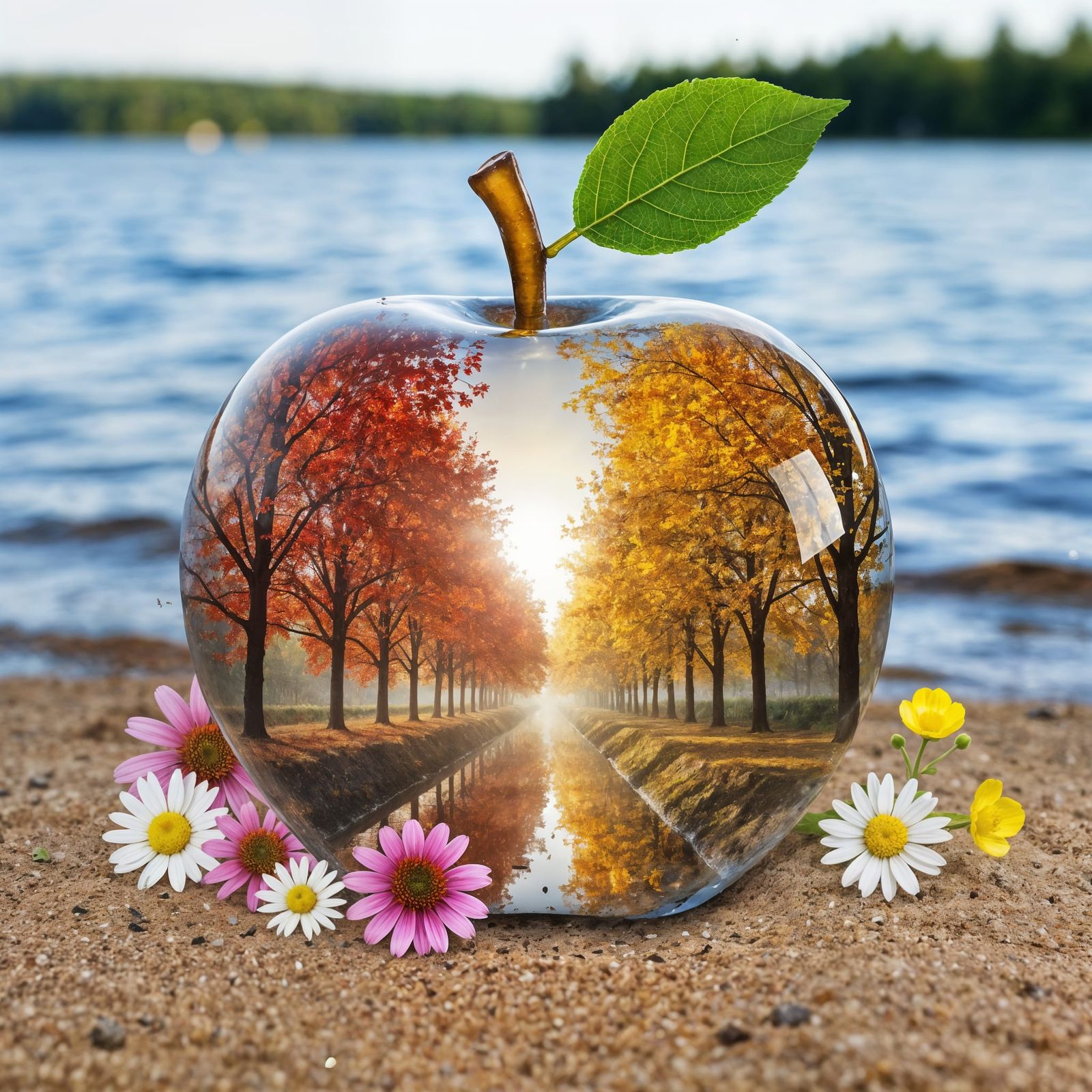 Glass Apple Reveals Autumn Lake Scene