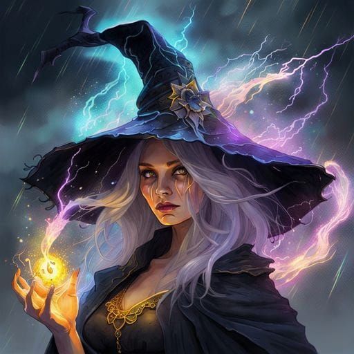 Gothic Witch Controls Storm Magic in Watercolor Style