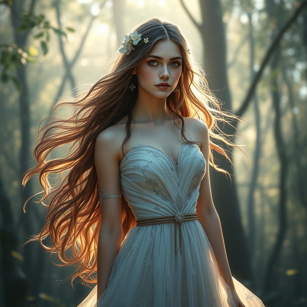Young Woman in Mystical Forest, Adorned with Jasmine, in Dre...
