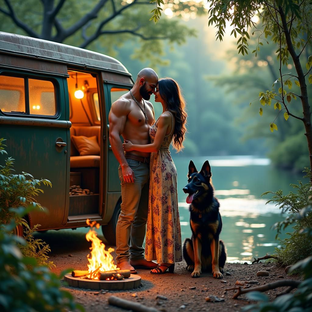 Romantic Riverside Embrace by Cozy Van