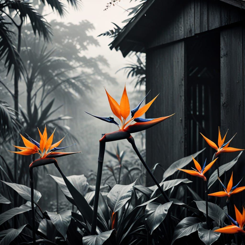 Surreal Woodshed with Bird of Paradise in Dark Style