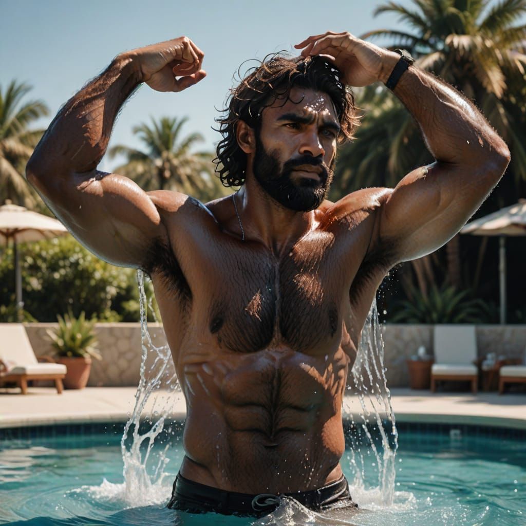 Toned Brown God Embracing the Sun by the Pool