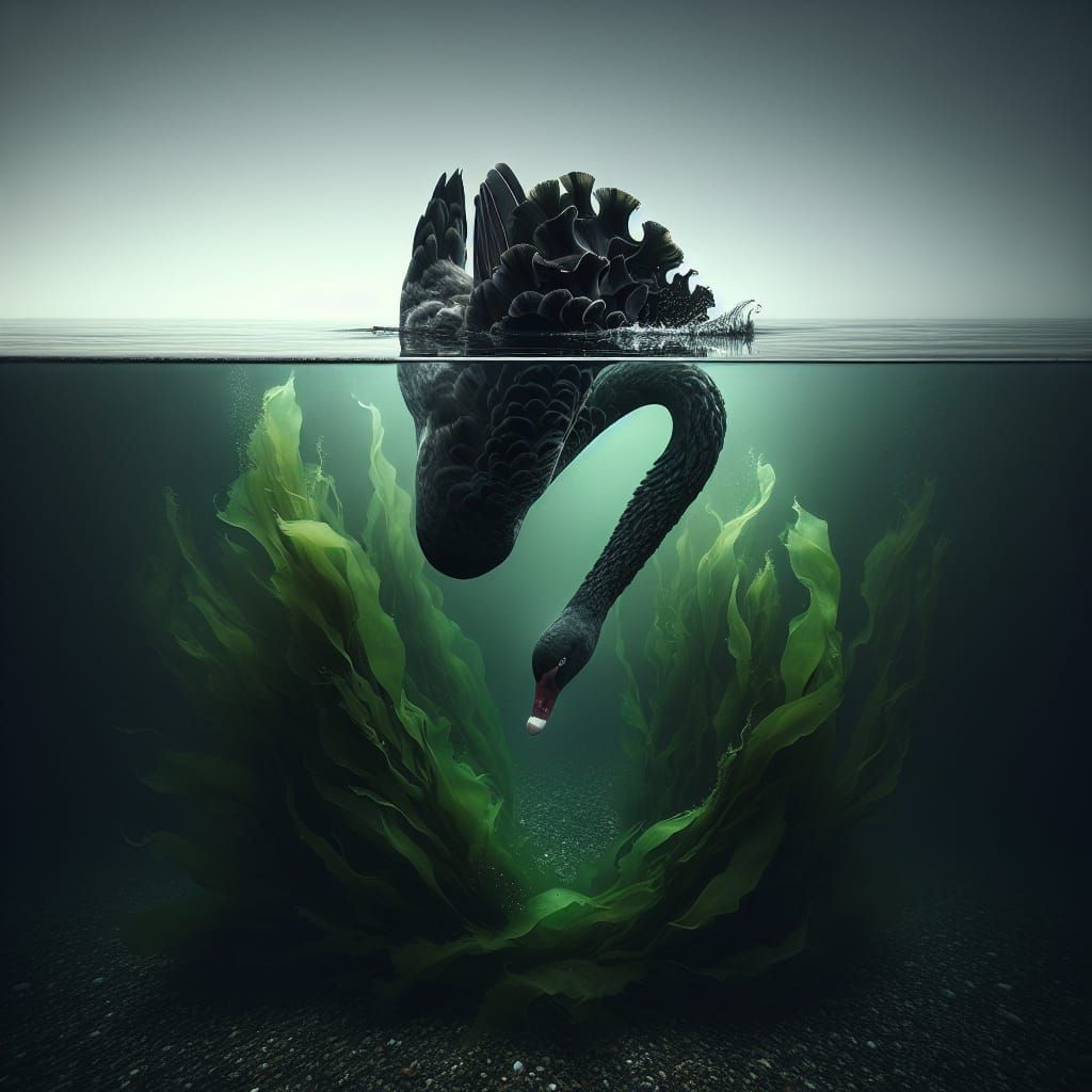 Black Swan Diving for Kelp in Calm Water
