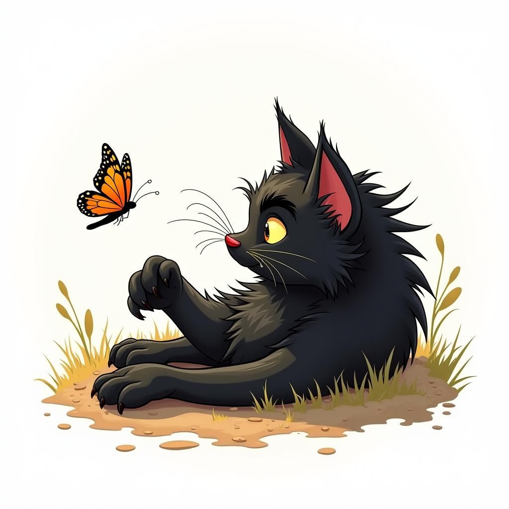 Cartoon Cat Swatting Butterfly in Sunlight