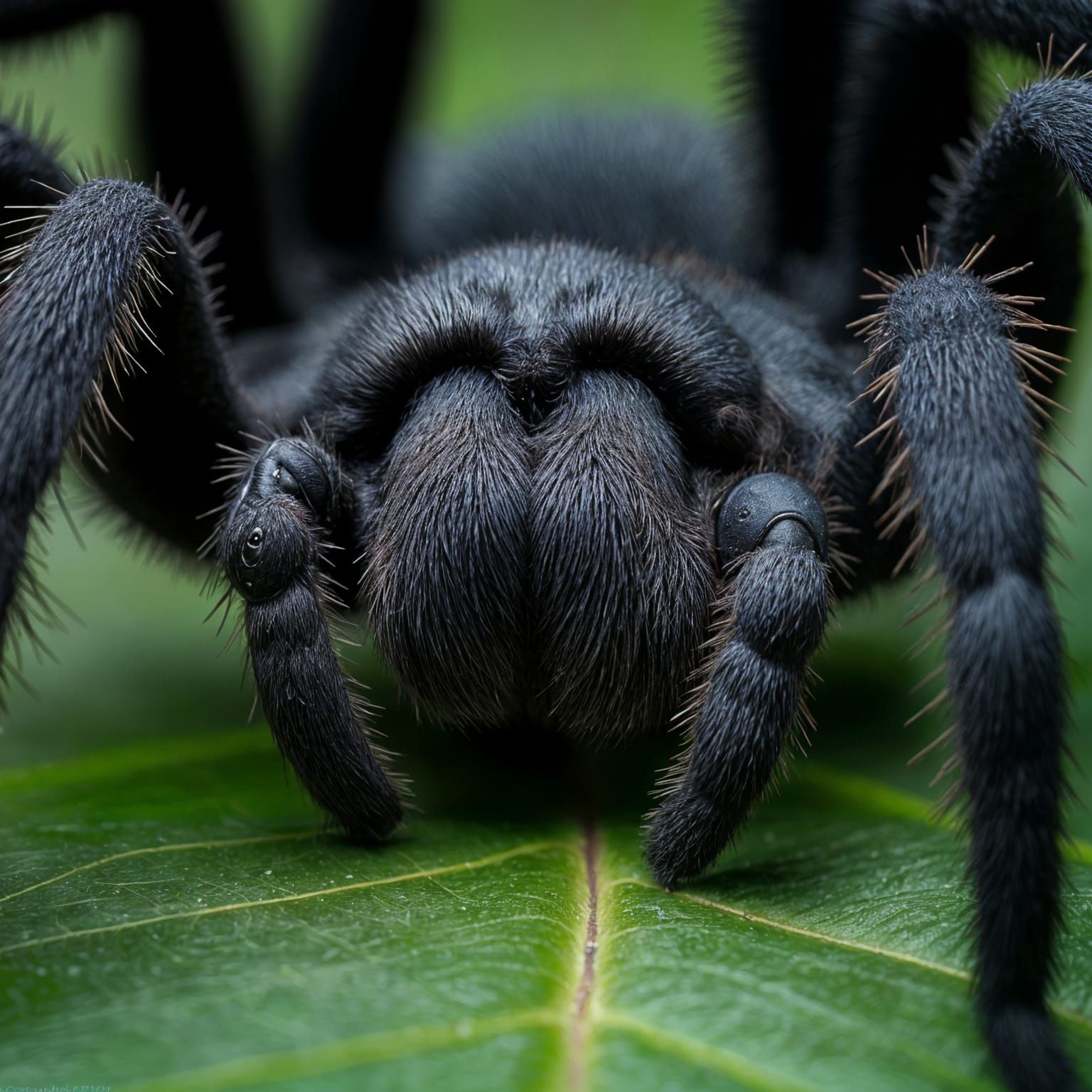 Macro Portrait of a Black Tarantula's Mandibles on a Green L...