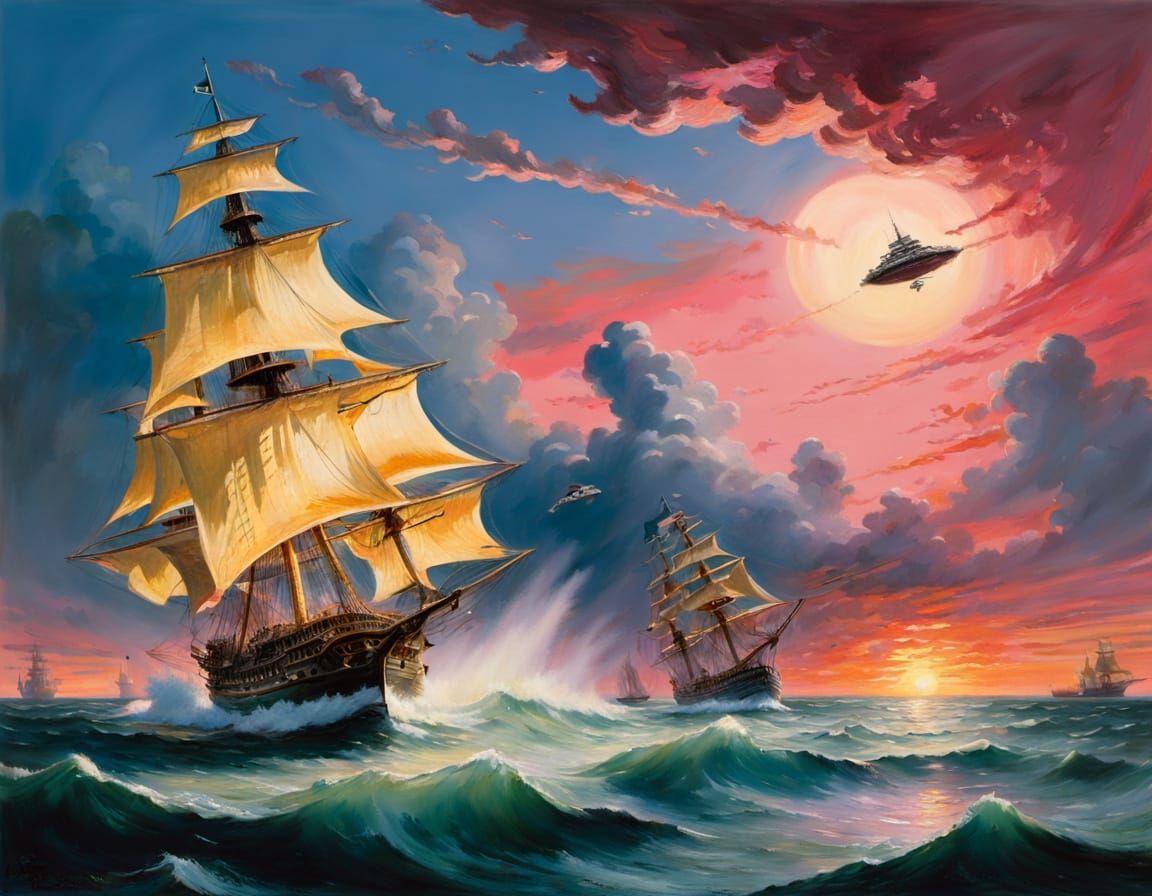 Pirate Ship Attacked by UFO: Gouache Oil Painting
