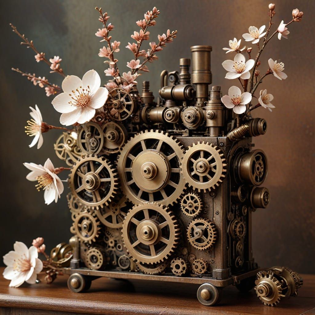 Steampunk Engine and Ikebana Arrangement in Collage Style