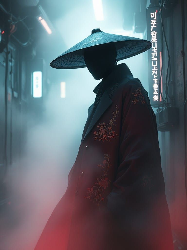 Ethereal Cyberpunk Figure Emerges from Neon-Lit Fog