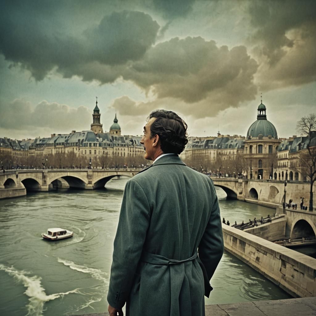 Surrealist Cityscape: Man on Pont-Neuf Bridge