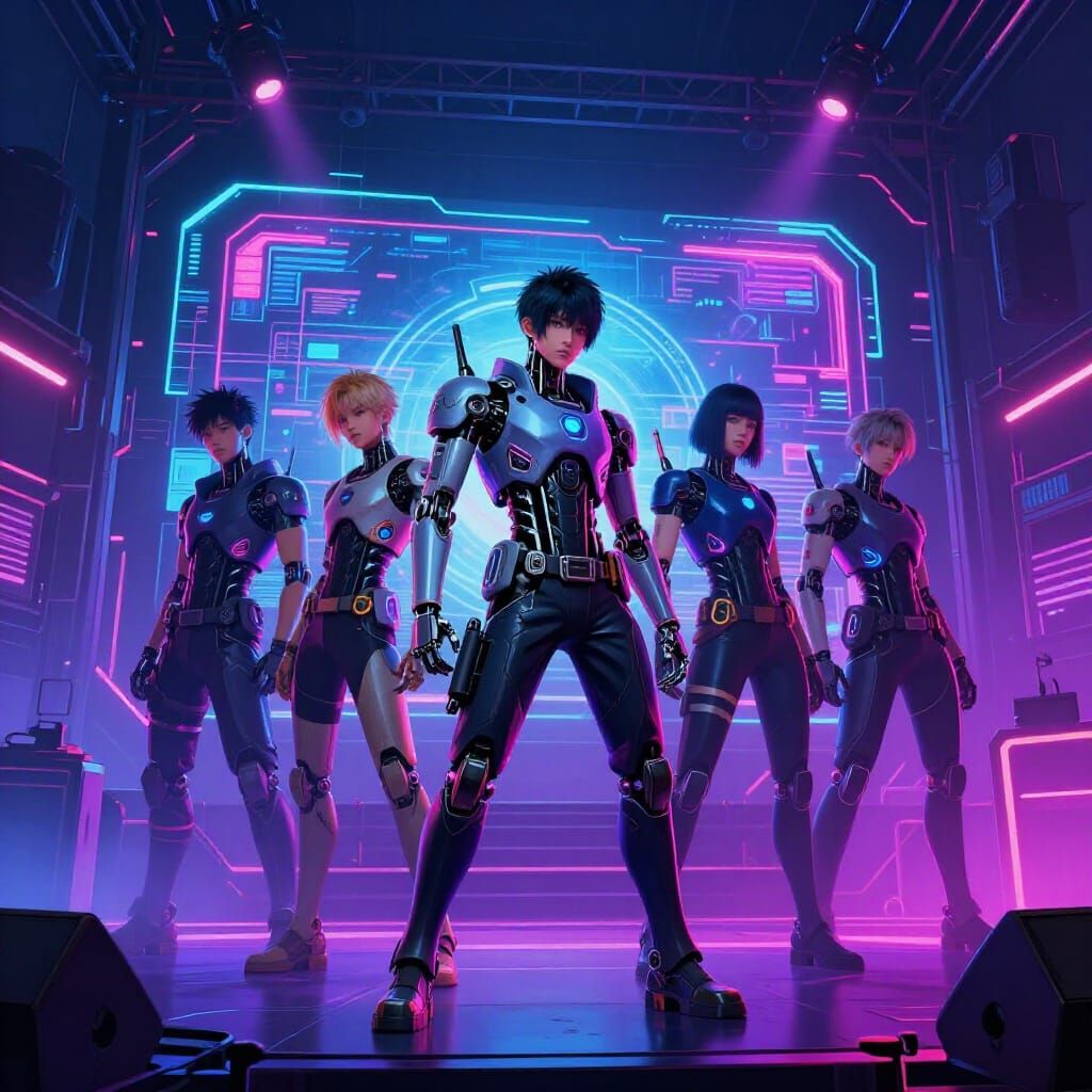 Cyberpunk Robot Band Performs on Neon Stage