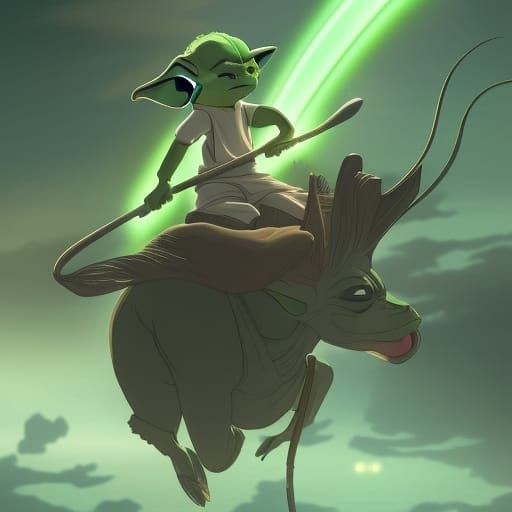 Youngling Yoda riding a strange steed