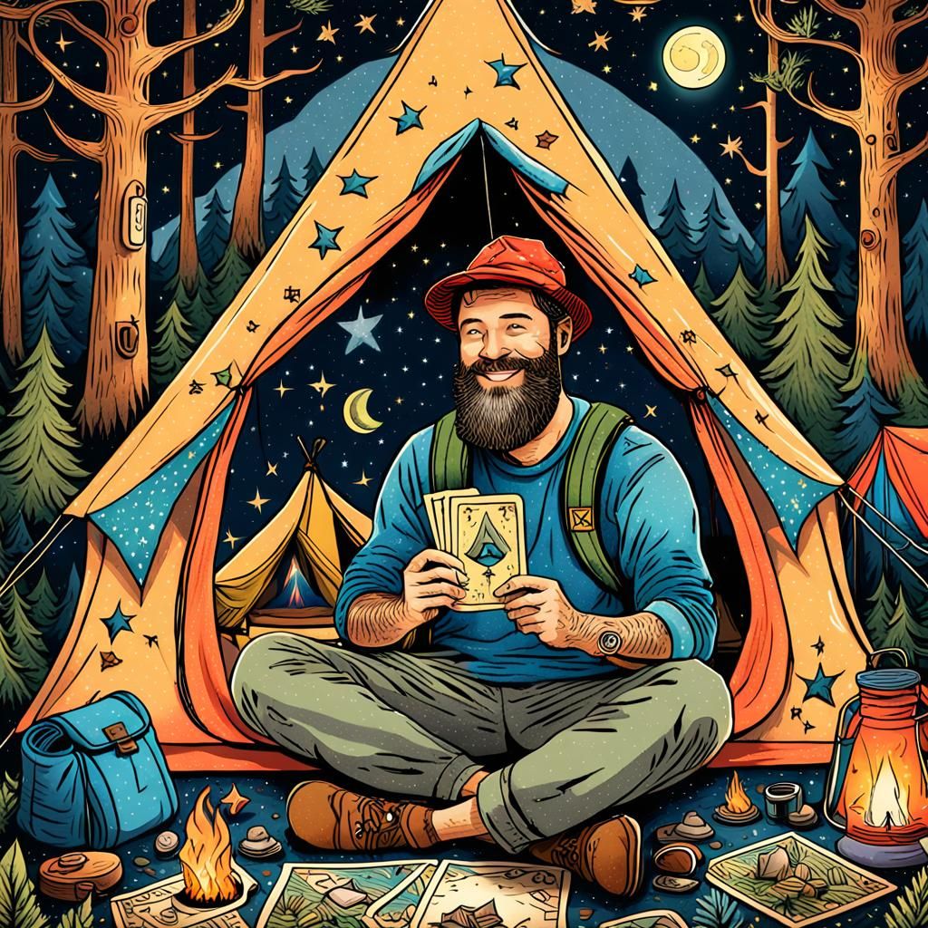 Smiling Bearded Camper in Starry Forest, Illustrated Tarot C...