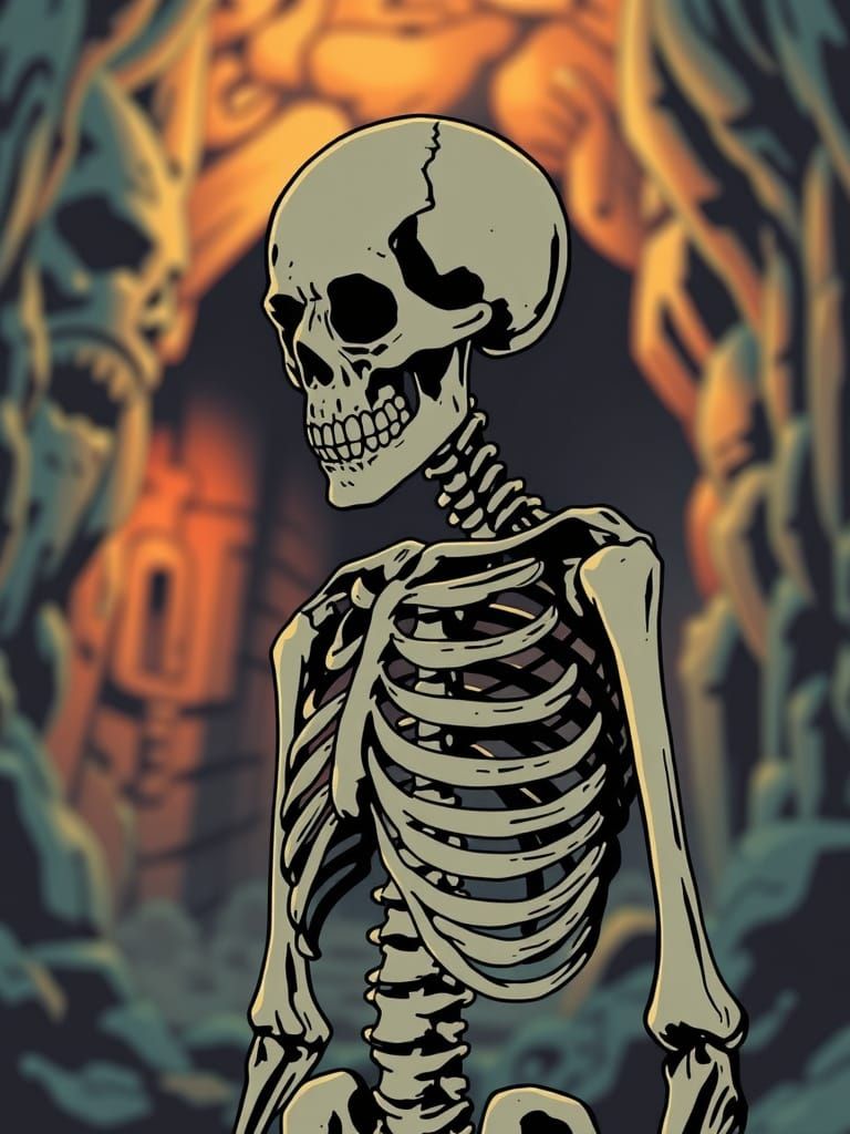 Vintage Dungeon Skeleton in Cell-Shaded Comic Art Style