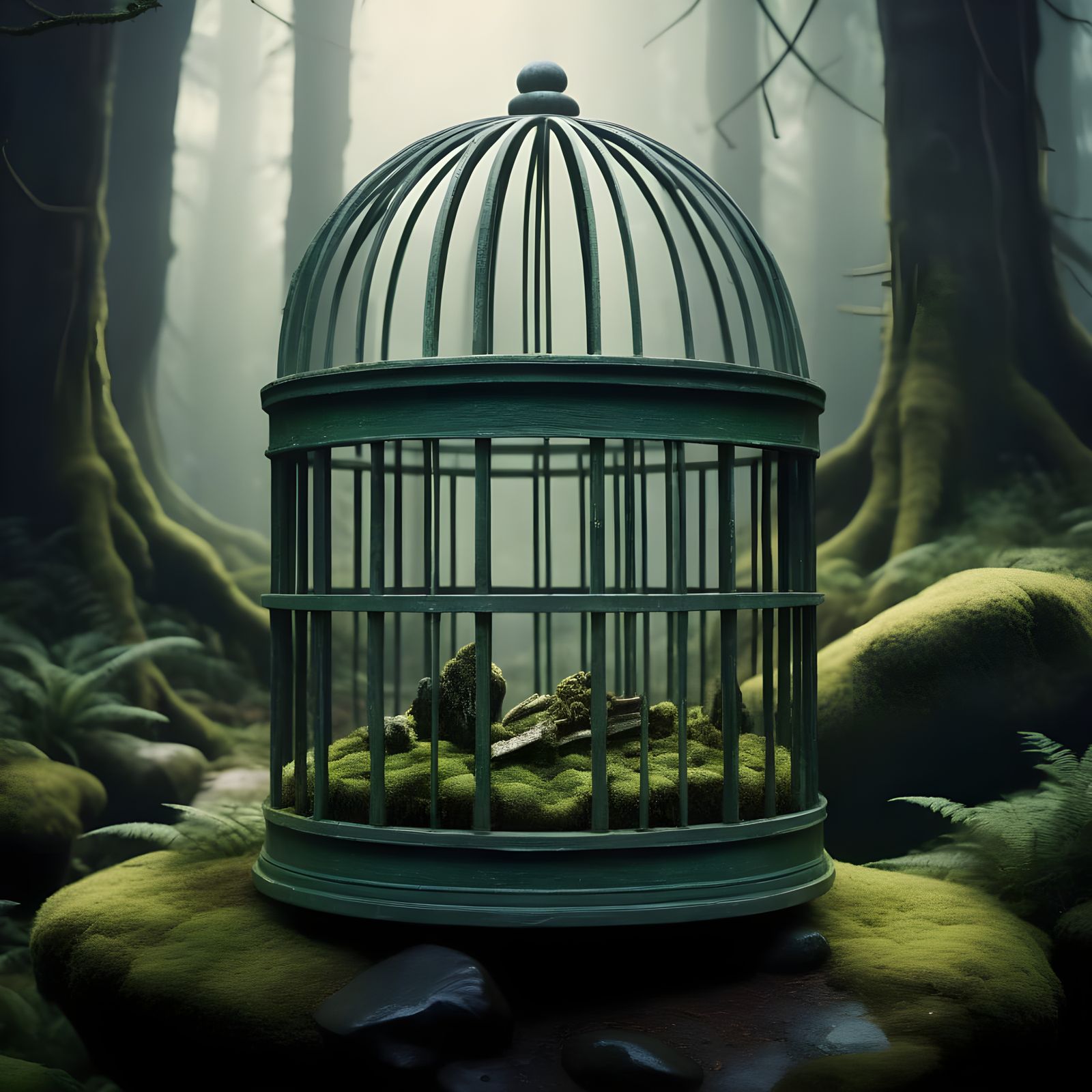 Atmospheric Film Still: Wood and Moss Cage