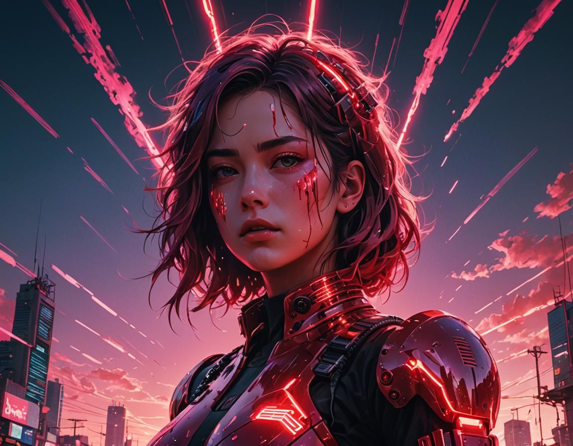 Glitching Android in Vaporwave Sci-Fi World