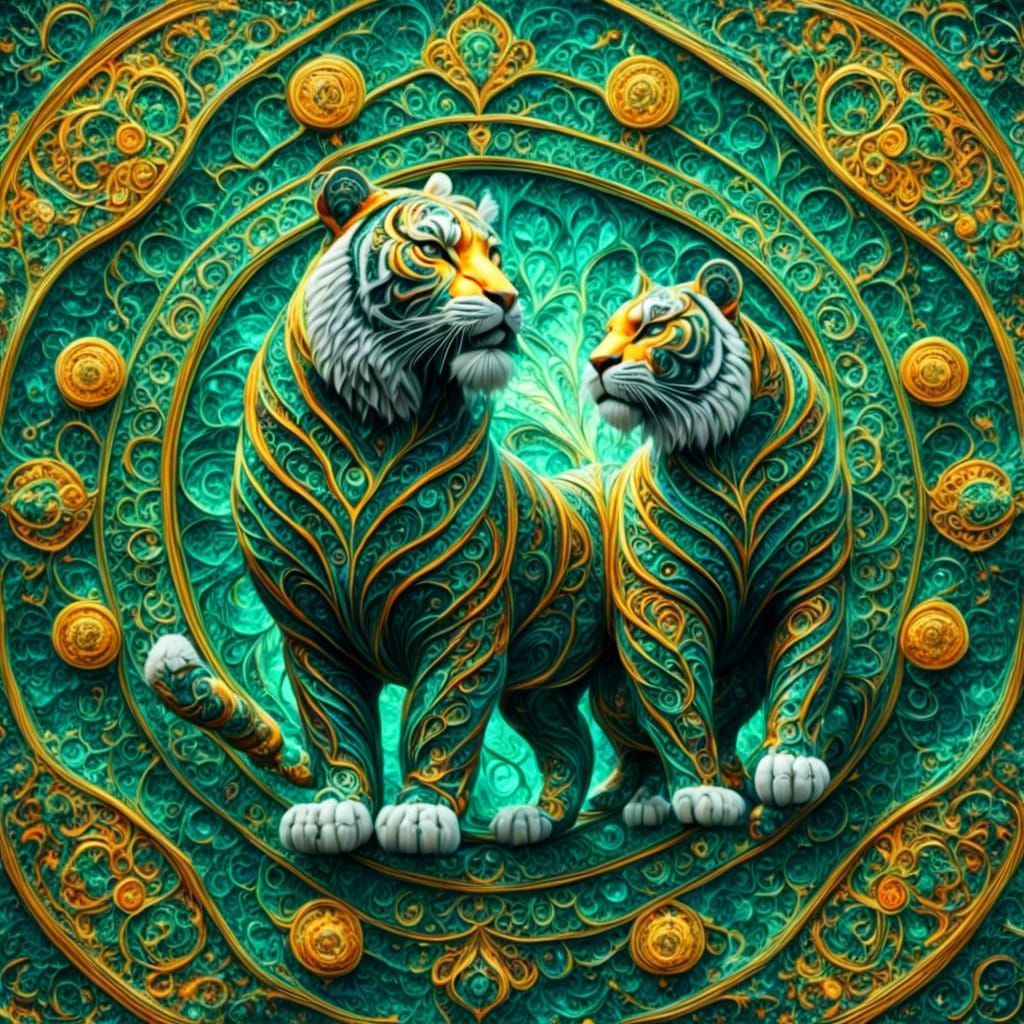 Indochinese Tigers Attack in Fractal Mandala Style