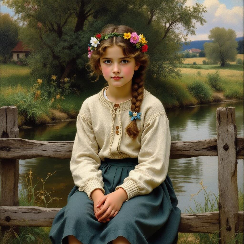 Girl with Flowers on Fence in Academic Style