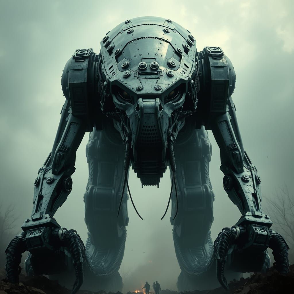 Towering Metallic Humanoid in Biomechanical Style