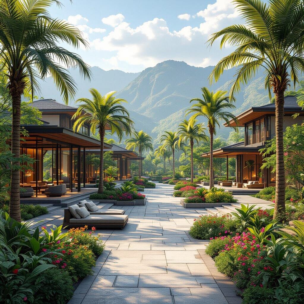 Eastern Tourist Complex in Lush Gardens: Matte Painting
