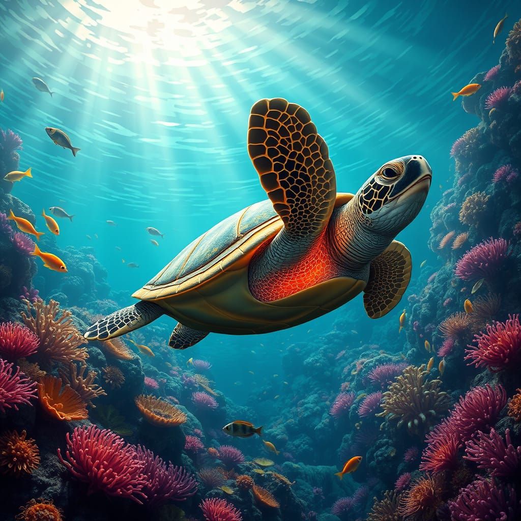 Majestic Sea Turtle Glides Through Vibrant Coral Reef