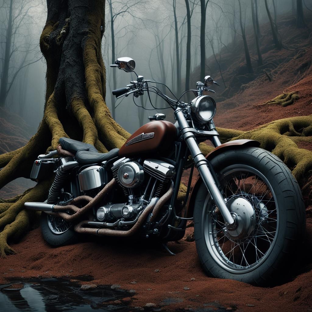 Rusted Harley Davidson at Ravine's Edge in Dark Surrealism