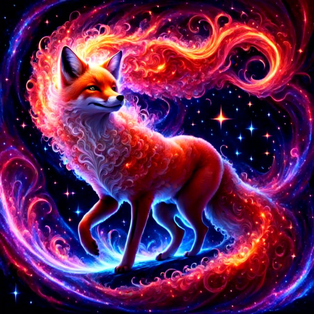Burning Red Seven-Tailed Fox with Glowing Runes