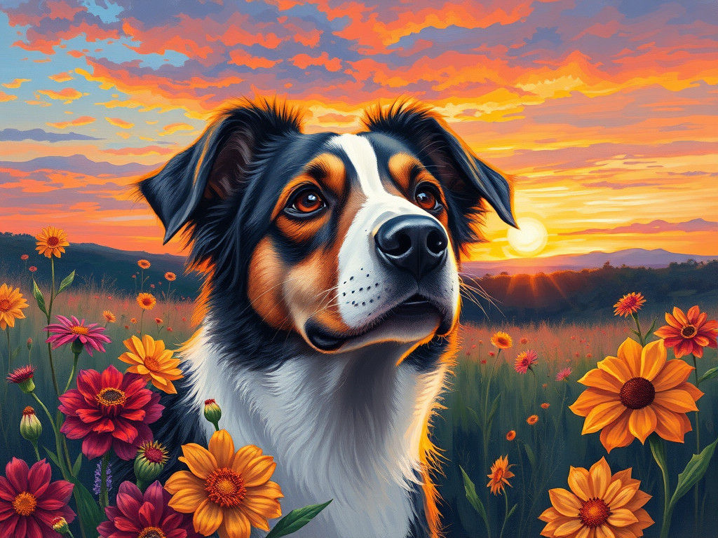 Canine Beauty in Impressionist Florals During Sunset