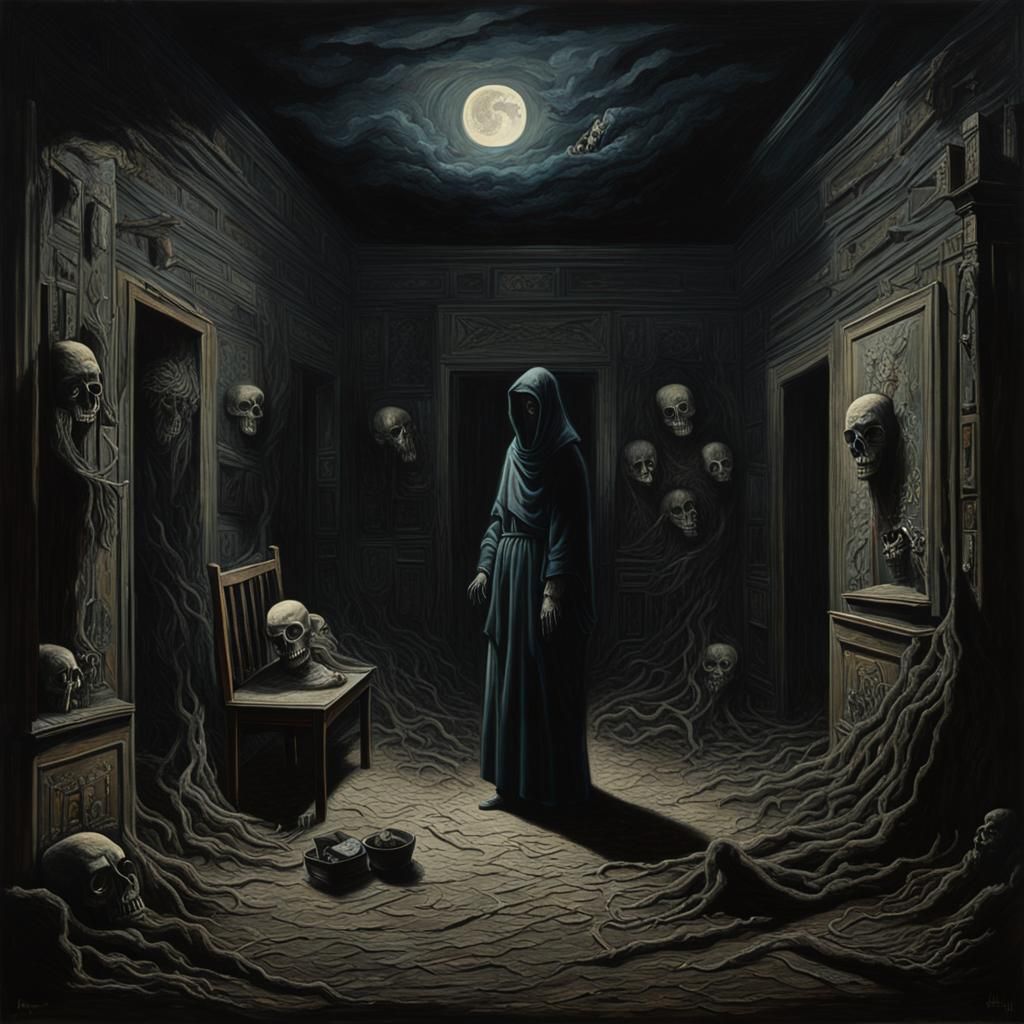 Eerie Encounters...An enigmatic painting depicting a haunting scene enveloped in darkness and enigma.