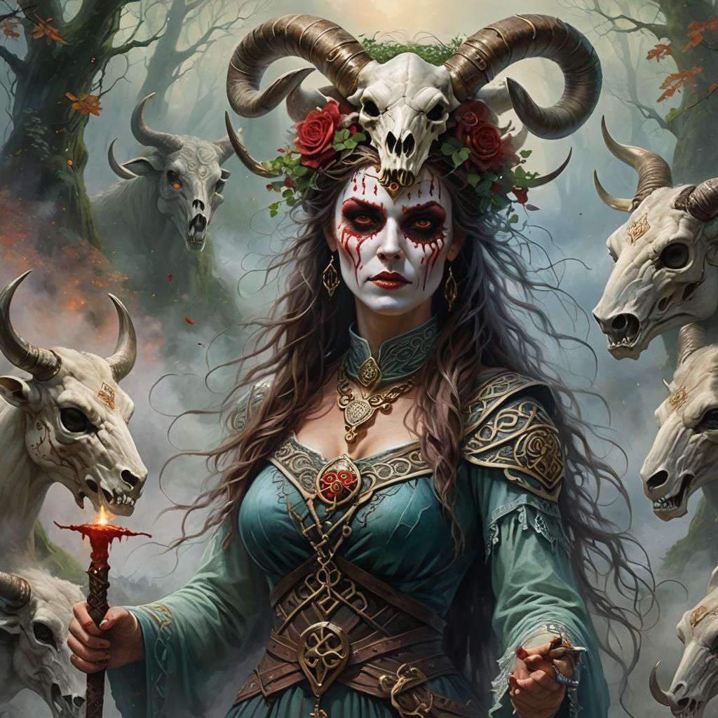 Fierce Celtic Woman with Ram Skull Mask