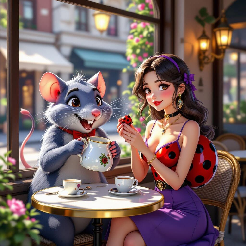 Cartoon Rat and Ladybird in Cafe