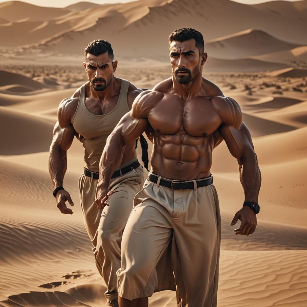 Alpha Male Bodybuilder in Desert, Cinematic Digital Art