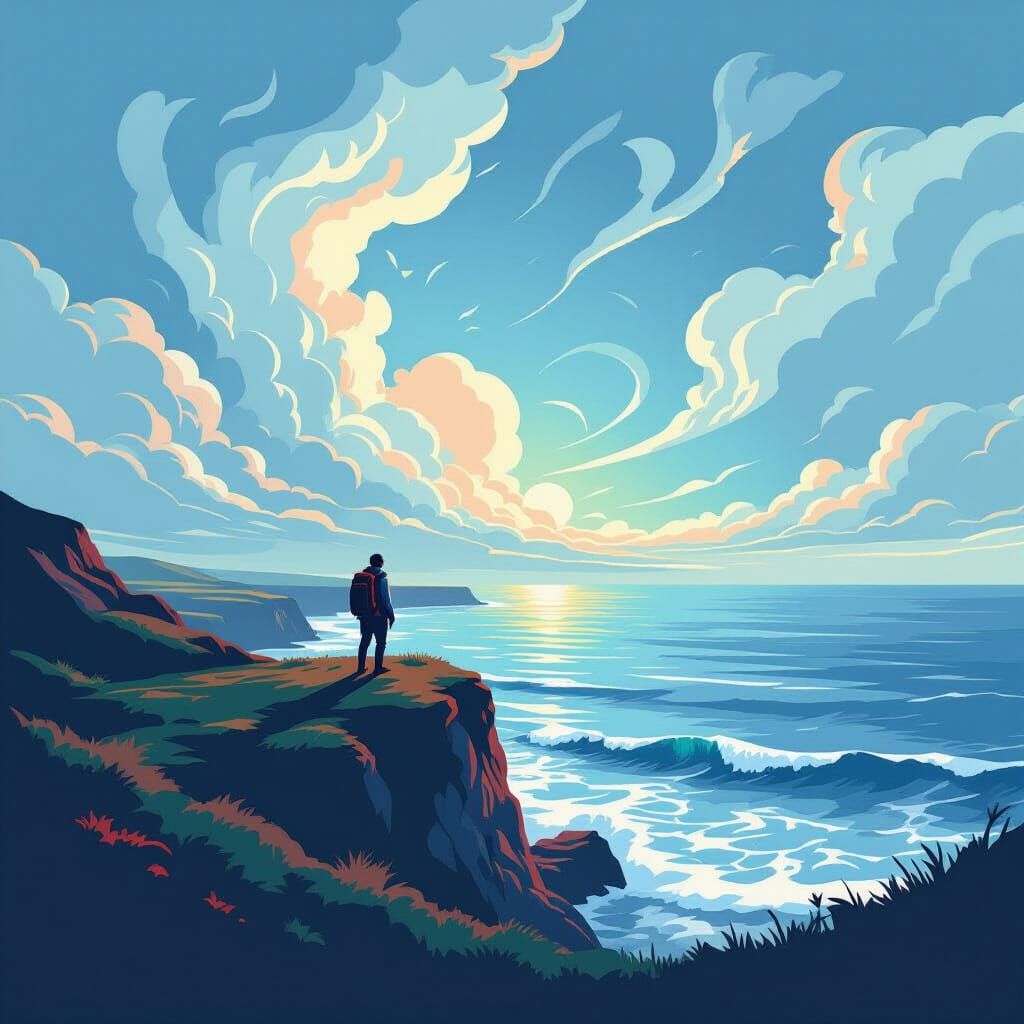 Explorer Views Vast Ocean Under Ethereal Sky