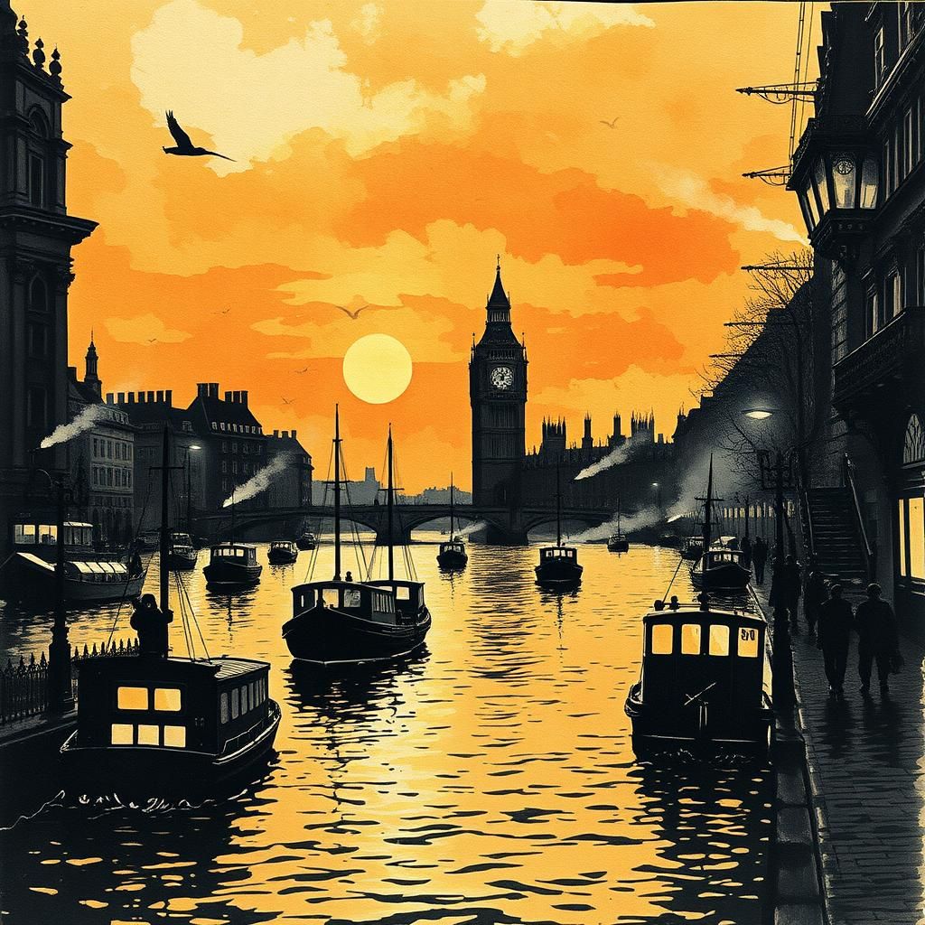 Steampunk Boats Silhouetted on the Thames River