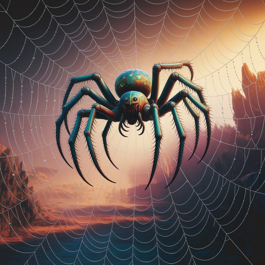 Surreal Spider Web Scene in Vibrant, Iridescent Hues