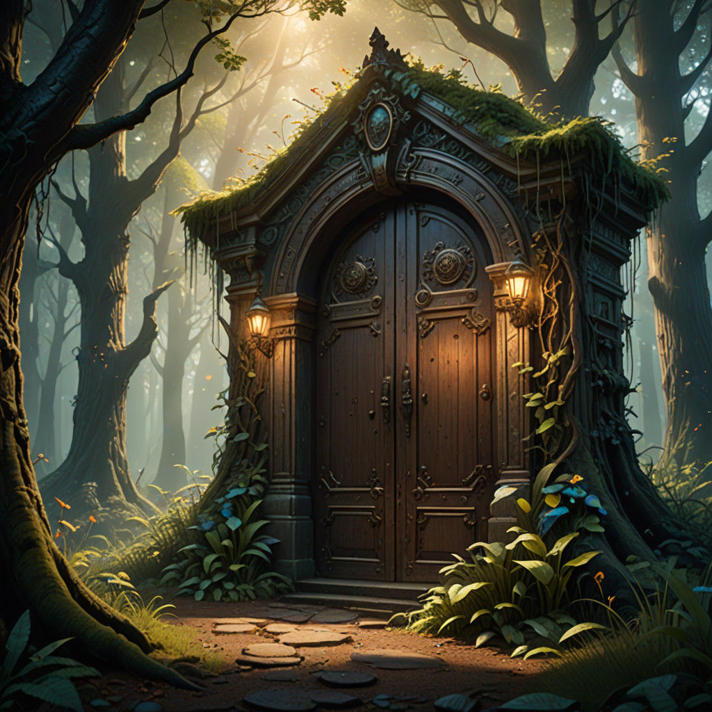 Surreal Fantasy Doorway in Whimsical Forest Landscape